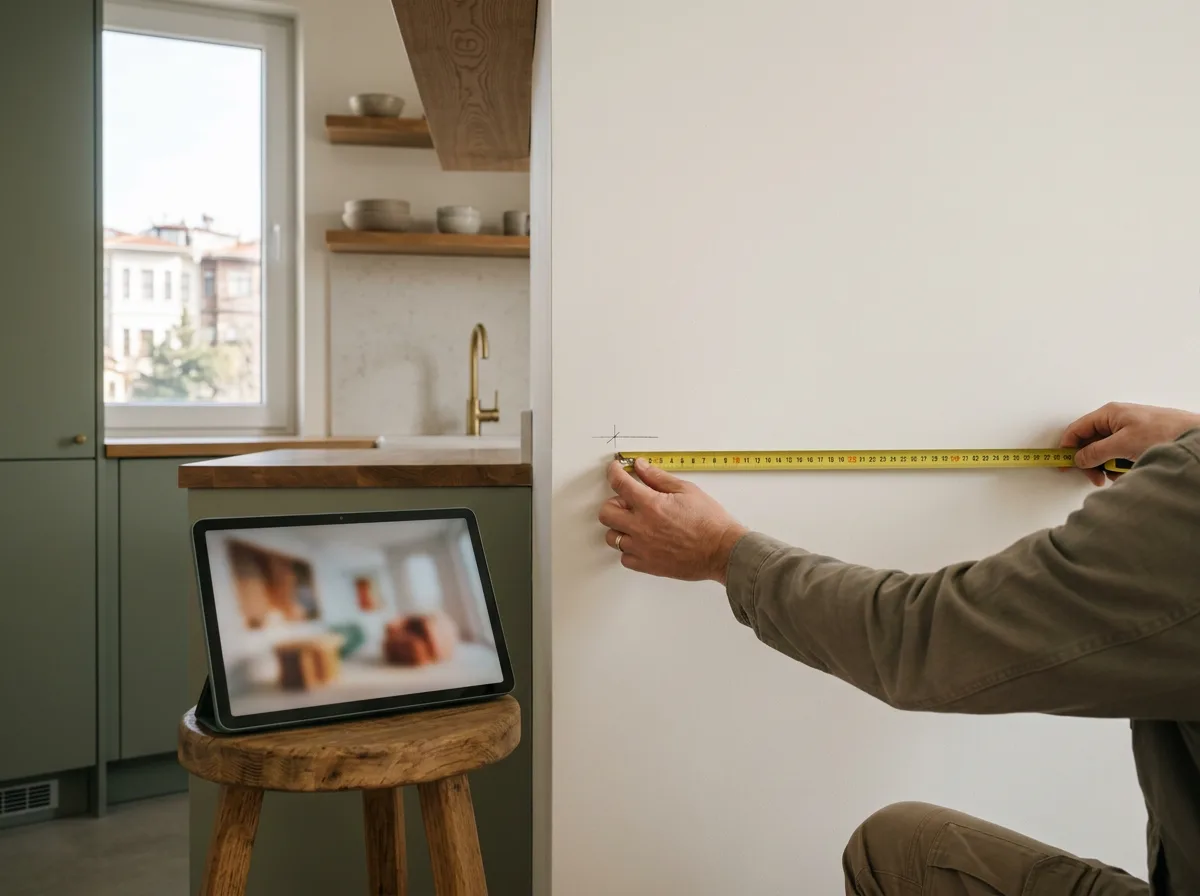 Yerinde ölçü alımı sırasında duvara tutulan şerit metre ve yakındaki tablette bulanık 3 boyutlu çizim.